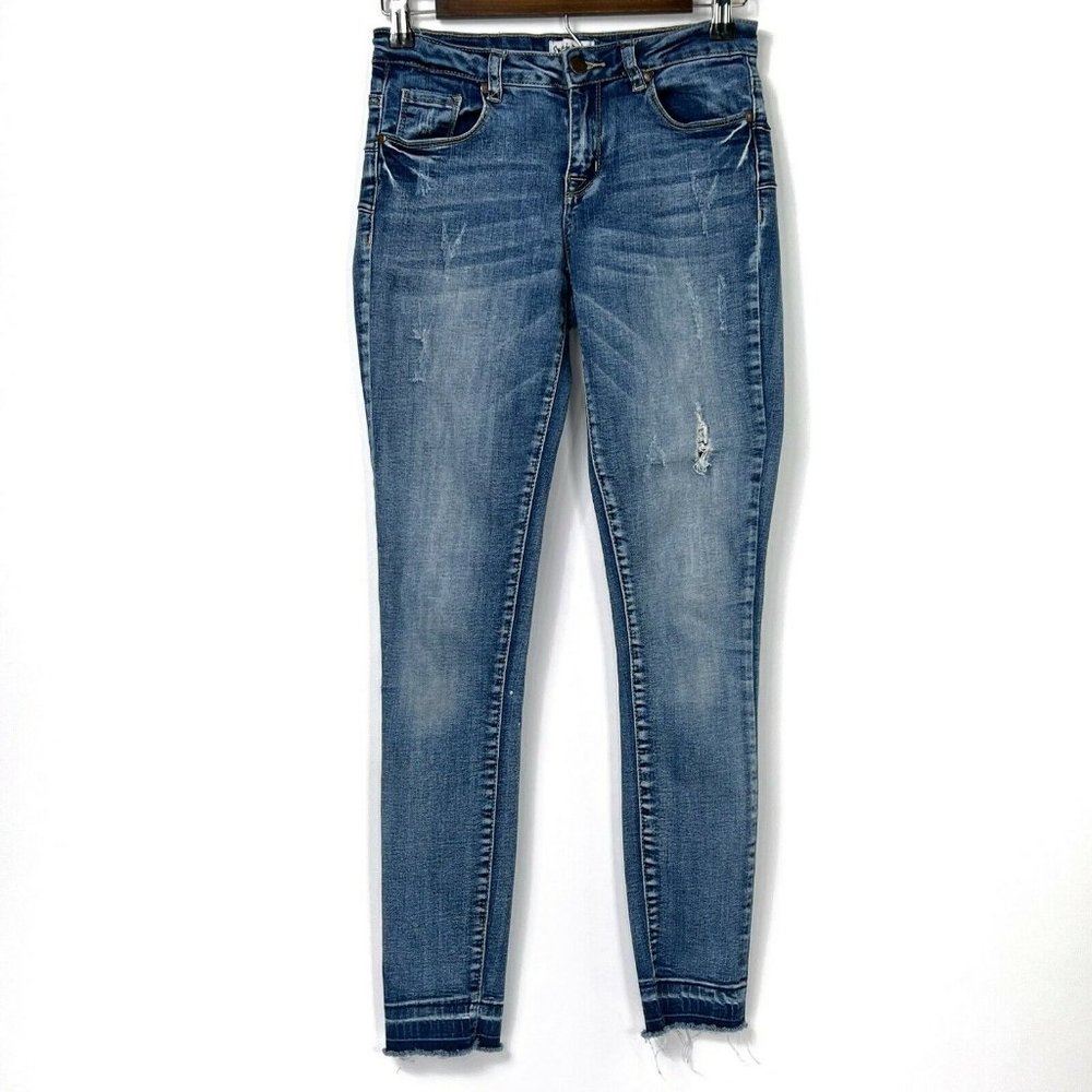 Salvaje Denim Distressed Mid Rise Stretch Denim Skinny Raw Released Hem Jeans 5